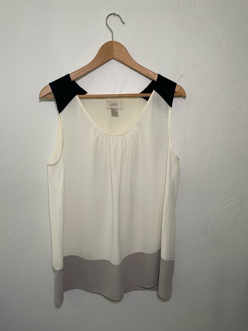 LOFT Ivory Colorblock Sleeveless Blouse with Black Shoulder Accents